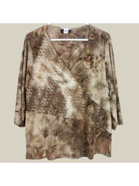 Studio 1940 Tie Dye Sequin V Neck Blouse Womens Large Brown Artsy Travel Party